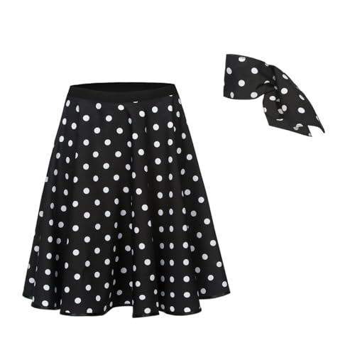 Kostümplanet Rock-n Roll Rock Kinder Mädchen Kostüm Gepunkteter Polka Dot Rock Knielang mit Haarband 50er Jahre Tellerrock Rockabilly Outfit (schwarz-weiß, 152-164) von Kostümplanet