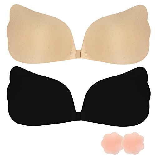 Kotashion Klebe BH Push Up Unsichtbarer Trägerloser Klebe BH Selbstklebend BH Wiederverwendbar Rückenfreier BH Silikon Klebriger BH 2 Paar Beige,Schwarz von Kotashion