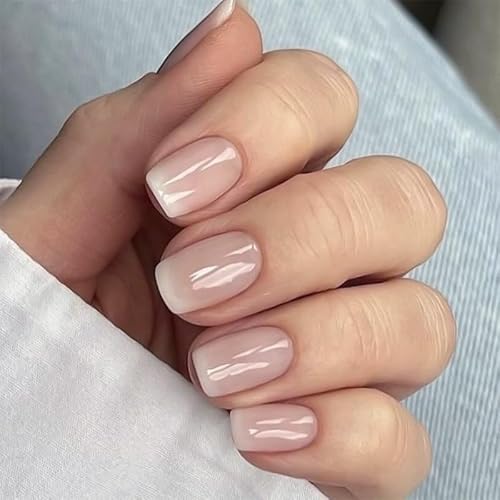 Kotkiddy 24 Stück Quadratische Press on Nails Kurz Ombré Falsche Nägel Spitzen Vollumfängliche Nude Falsche Farbverlauf Nägel Glänzend Klebernagel für Frauen und Mädchen von Kotkiddy