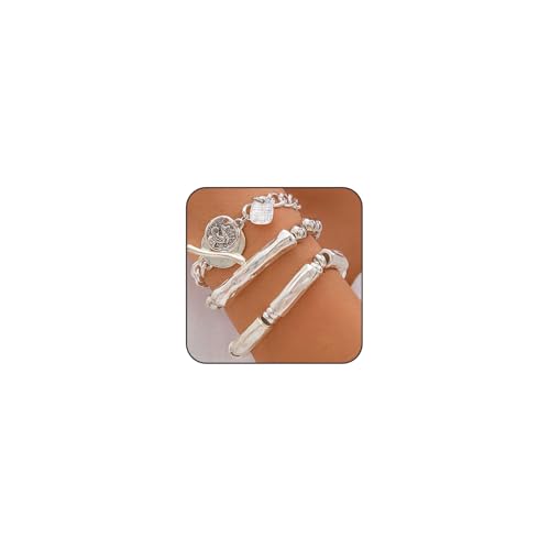 Kotkiddy 3 Stück Boho Etagen Perlen Armbänder Set für Frauen Zierliche Dehnbare elastische runde Kugeln Rohre Dicke Kette Armbänder stapelbar Silver Umschalter von Kotkiddy