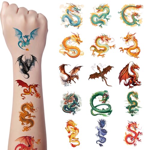 Kotkiddy 58 Stück Drachen Temporäre Tattoos Kinder Jungen Mädchen Partydeko Mitgebsel Geschenk Coole Sticker für Geburtstag Dragon Theme Feier von Kotkiddy