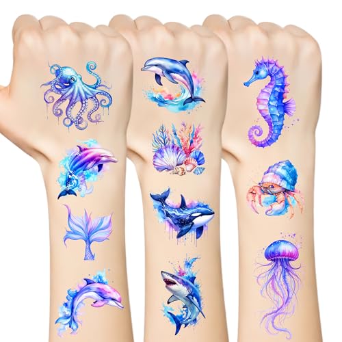 Kotkiddy 67 Stück Wasserfarben Ozean Tiere Temporäre Tattoos Kinder Jungen Mädchen Partydeko Mitgebsel Geschenk Sticker für Geburtstag Feier Strand Pool von Kotkiddy