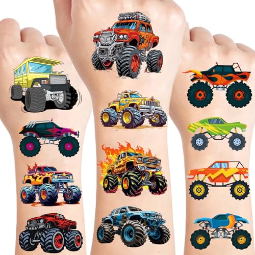 Kotkiddy 69 Stück Monstertruck Temporäre Tattoos Kinder Jungen Mädchen Partydeko Mitgebsel Geschenk Sticker für Geburtstag Feier Auto Rennen Offroad Trucks von Kotkiddy