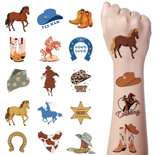 Kotkiddy 72 Stück Western Cowboy Temporäre Tattoos Kinder Jungen Mädchen Partydeko Mitgebsel Geschenk Sticker für Geburtstag Feier Wildwest Pferd Rodeo Cactus von Kotkiddy