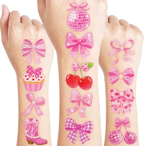 Kotkiddy 76 Stück Pink Schleifen Temporäre Tattoos Coquette Style Tattoo Sticker für Kinder Geburtstag Partydeko Mitgebsel Mädchen Jungen Hochzeit Baby Shower von Kotkiddy