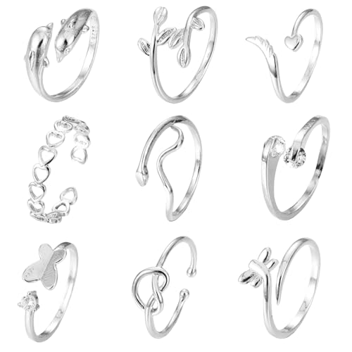 Kotkiddy 9 Stück Silber Zehenringe Set für Frauen, Offener Reifen Anpassbar Nicht Verwitternder Zehenring, Strand Fußschmuck für Sommer von Kotkiddy
