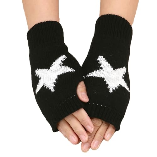 Kotkiddy Fingerlose Stern-bedruckte Strickhandschuhe für Damen und Herren, Herbst und Winter, warme Handschuhe, Kleidung, gestrickt, Outdoor, Fahren Schwarz von Kotkiddy