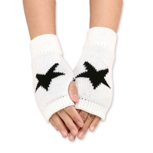 Kotkiddy Fingerlose Stern-bedruckte Strickhandschuhe für Damen und Herren, Herbst und Winter, warme Handschuhe, Kleidung, gestrickt, Outdoor, Fahren Weiß von Kotkiddy
