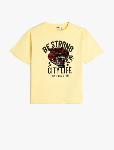 Koton Boyss Short Sleeve Crew Neck Tiger Sequined Cotton T-Shirt, Yellow (152), 7-8 Jahre EU von Koton