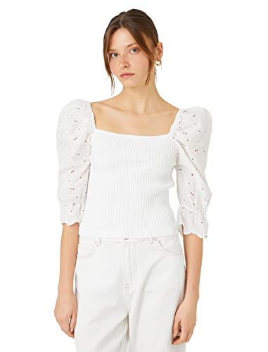 Koton Damen Brode Detail Ribbed Square Neck Pullover Sweater, Ecru (010), M EU von Koton