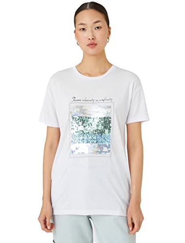 Koton Damen Crew Neck Short Sleeve Sequin Printed T-Shirt, Off White (001), M EU von Koton