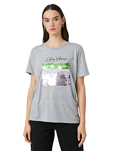 Koton Damen Crew Neck Short Sleeve Sequined Letter Printed T-Shirt, Grey (027), XXL EU von Koton