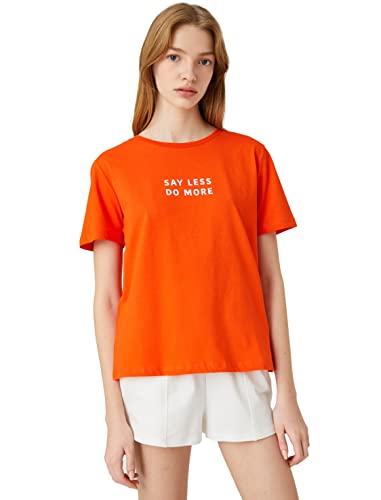 Koton Damen Crew Neck Short Sleeve Slogan Printed T-Shirt, Red (411), XS EU von Koton