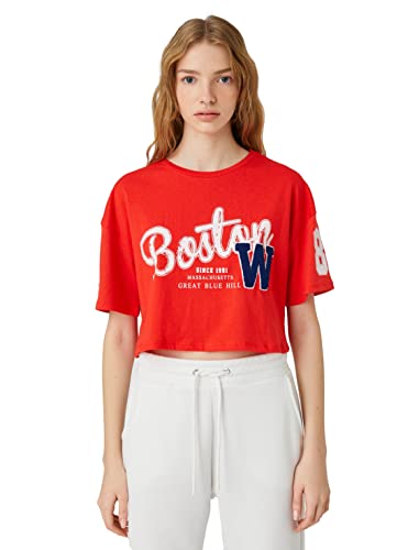 Koton Damen Crew Neck Short Sleeve Varsity Crop T-Shirt, Red (414), L EU von Koton