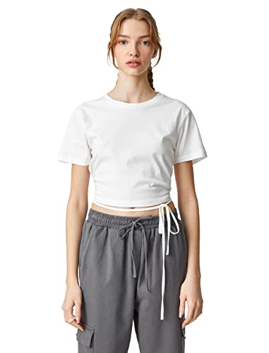 Koton Damen Crew Neck Waist Tie Short Sleeve Printed Crop T-Shirt, Ecru (010), M EU von Koton