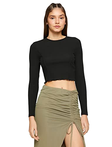 Koton Damen Crop Long Sleeve Crew Neck Ribbed T-Shirt, Black (999), XS EU von Koton