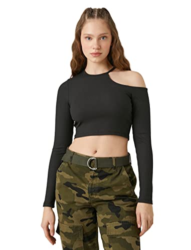 Koton Damen Crop Long Sleeve Pocket Detail Crew Neck T-Shirt, Black (999), XS EU von Koton