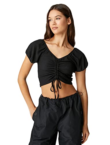 Koton Damen Crop Puff Sleeve Shirred V Neck T-Shirt, Black (999), M EU von Koton