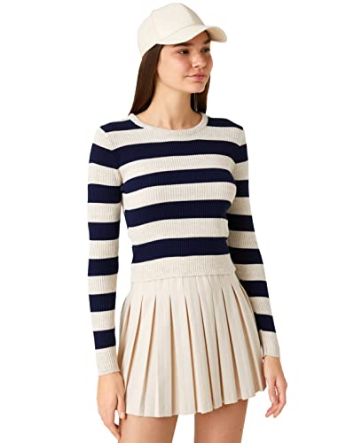 Koton Damen Crop Stripe Crew Neck Long Sleeve Ribbed Pullover Sweater, Navy Stripe (7s0), L EU von Koton