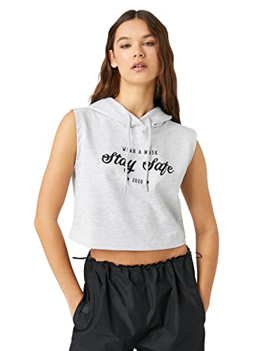 Koton Damen Crop Tanktop Hooded Slogan Printed Sleeveless Shirt, Grey (027), XS EU von Koton