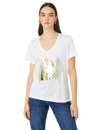 Koton Damen Relax Fit V Neck Short Sleeve Sequin Printed T-Shirt, Off White (001), S EU von Koton