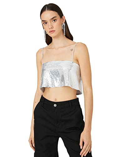 Koton Damen Sequined Torsolette Square Neck Thin Strappy Blouse, Silver (038), XL EU von Koton
