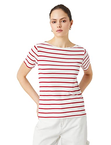 Koton Damen Short Sleeve Scoop Neck T-Shirt, Red Stripe (4s1), XL EU von Koton