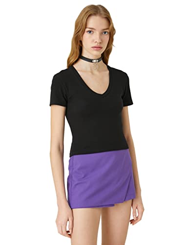 Koton Damen Short Sleeve V Neck Cotton Basic T-Shirt, Black (999), XL EU von Koton