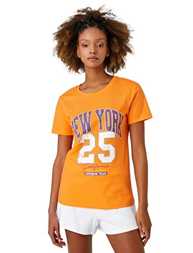 Koton Damen Varsity Crew Neck Short Sleeve T-Shirt, Orange (229), XL EU von Koton