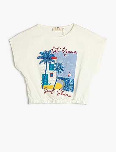 Koton Girls Crop Oversized T-Shirt Summer Themed Printed Sequined Detail Short Sleeve von Koton