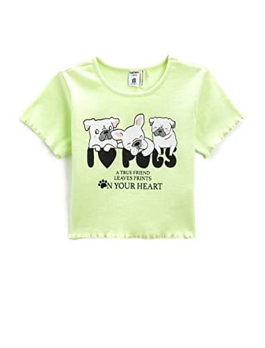 Koton Girlss Crop Dog Printed Short Sleeve Round Collar Cotton T-Shirt, Green (766), 6-7 Jahre EU von Koton