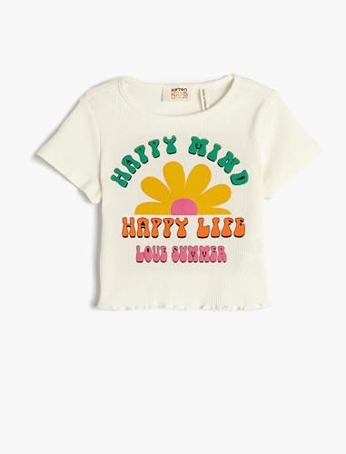 Koton Girlss Crop Short Sleeve Crew Neck Printed Ribbed T-Shirt, Ecru (010), 4-5 Jahre EU von Koton