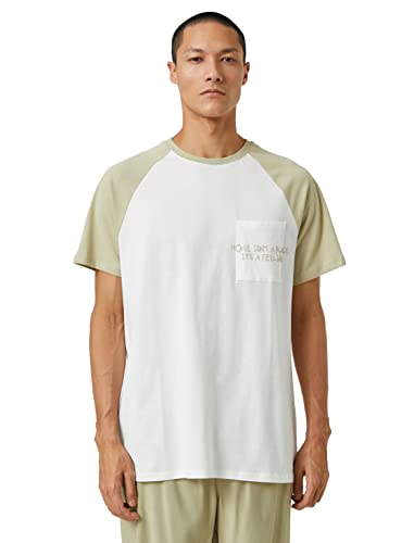 Koton Herren Slogan Embroidered Raglan Sleeve Crew Neck Pocket Detailed T-Shirt, Ecru (021), XXL EU von Koton
