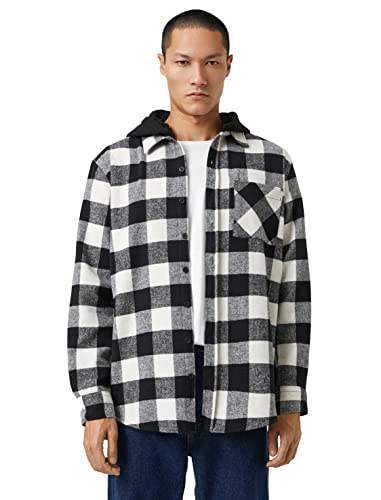 Koton Men Check Plaid Shirt Jacket Hooded Pocket Detailed von Koton