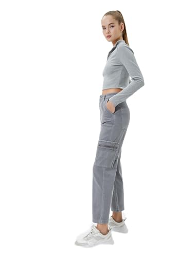 Koton Women Cargo Pants Washed Effect Straight Crop Leg Pockets Cotton von Koton