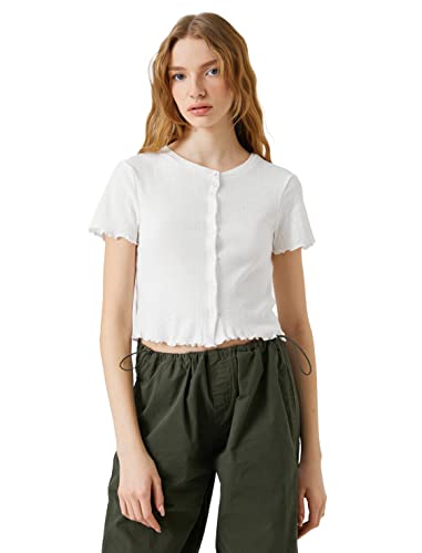 Koton Women Crew Neck Short Sleeve Cotton Button Detail Crop T-Shirt von Koton