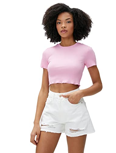 Koton Women Crew Neck Short Sleeve Ribbed Crop T-Shirt von Koton