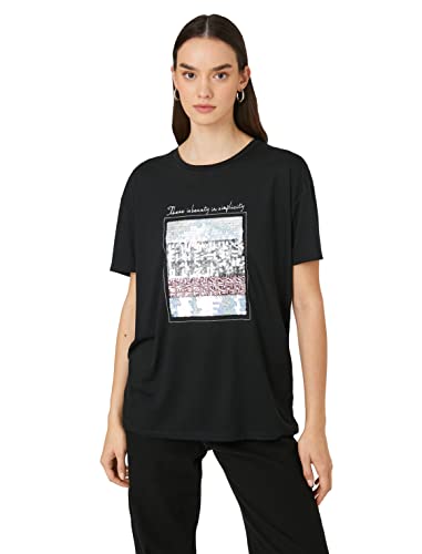 Koton Women Crew Neck Short Sleeve Sequined Letter Printed T-Shirt von Koton