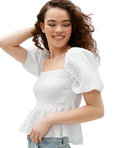 Koton Women Square Neck Gimped Viscose Mix Puff Sleeve Blouse von Koton