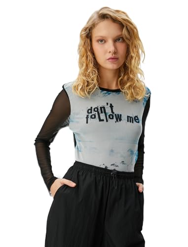 Tulle T-Shirt Tie-Dye Patterned Slogan Printed Long Sleeve Crew Neck von Koton