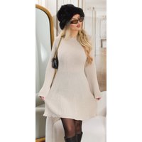 Basic Business Strickkleid Langarm Kleid Rippstrick-Look mit Trompeten Ärmel, Lässiges A-Linie Winterkleid von KouCla