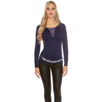 Damen Strickpullover Langarm V-Neck Rundhals Pullover mit Schnürung von KouCla