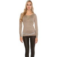 Damen Strickpullover Langarm V-Neck Rundhals Pullover mit Schnürung von KouCla