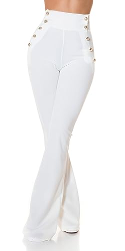 Sexy Highwaist Schlaghose mit goldene Knöpfe für Damen, Farbe:Weiß, Größe:L von Koucla