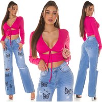 V-Neck Langarm Crop Top mit Deko Schnürung und Cutout von KouCla