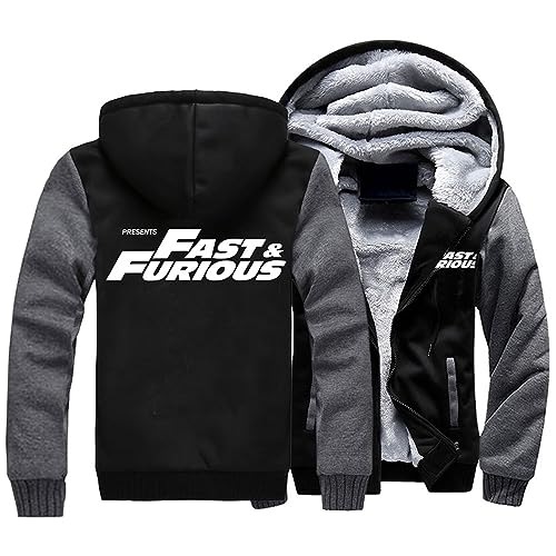 KouRy Herren Fleece Hoodies Jacken für Fast Furious Pullover Winter Warm Sweatshirt Casual Hooed Jacke Reißverschluss Dicke Mäntel(Black-Grey,4XL) von KouRy