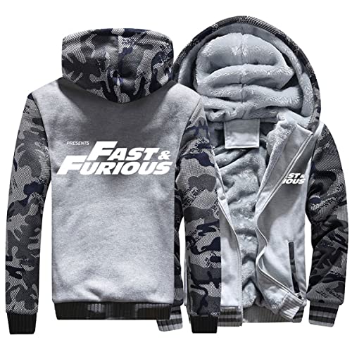 KouRy Herren Fleece Hoodies Jacken für Fast Furious Pullover Winter Warm Sweatshirt Casual Hooed Jacke Reißverschluss Dicke Mäntel(Camo Gray,4XL) von KouRy