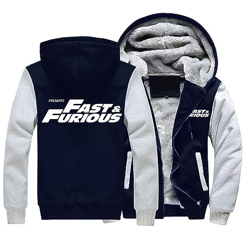 KouRy Herren Fleece Hoodies Jacken für Fast Furious Pullover Winter Warm Sweatshirt Casual Hooed Jacke Reißverschluss Dicke Mäntel(Gray-Blue,4XL) von KouRy
