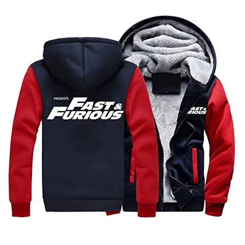 KouRy Herren Fleece Hoodies Jacken für Fast Furious Pullover Winter Warm Sweatshirt Casual Hooed Jacke Reißverschluss Dicke Mäntel(Red-Blue,L) von KouRy