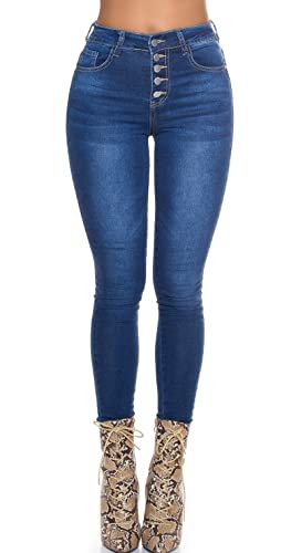 Koucla Casual Röhren Skinny Jeans im High Waist-Style mit Knopfleiste 36, Blau von Koucla